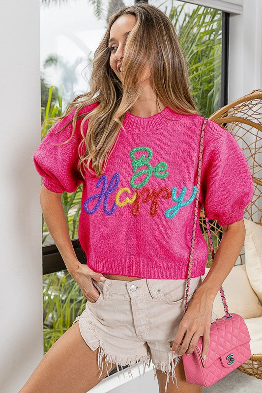 METALLIC LETTER SHORT PUFF SLEEVE HAIRY SWEATER