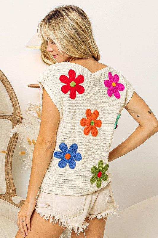 Crochet Flower Embroidery Knit Top