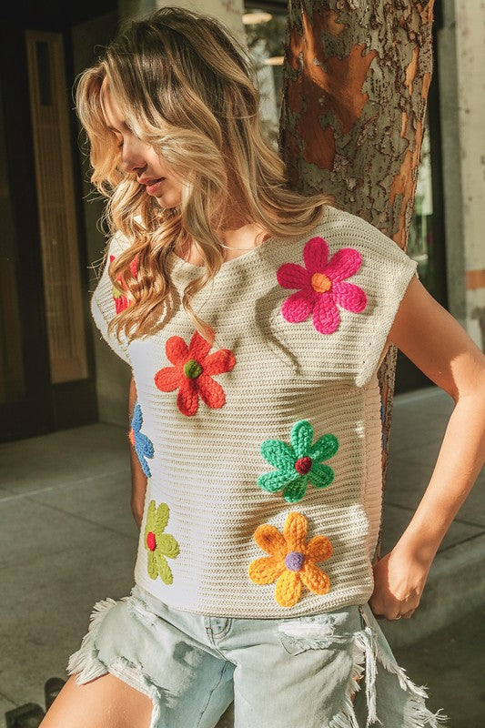 Crochet Flower Embroidery Knit Top